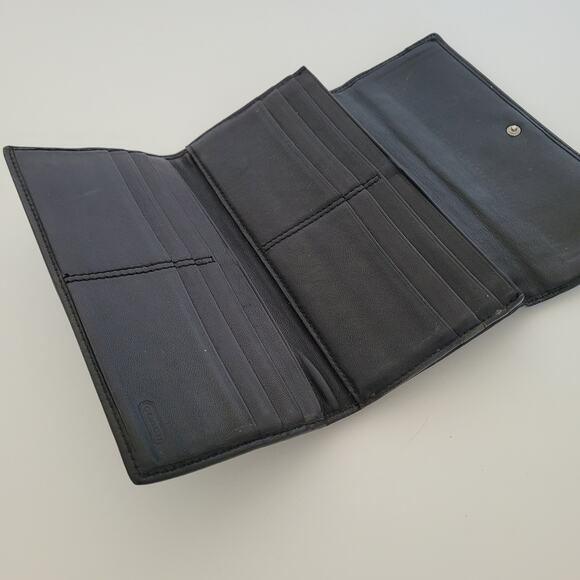 Coach Wallet Geniue Smooth Leather Solid Black Trifold 7x4 Large Envelope Boho - Picture 3 of 11